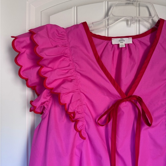 Entro Pink/Red Cotton Scallop Ruffle Sleeve Top - Women’s Size L - Picture 4 of 11
